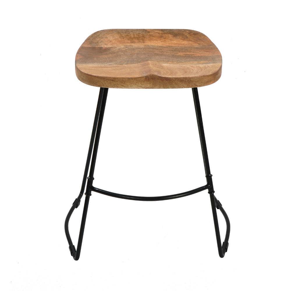 Tiva 24 Inch Handcrafted Backless Counter Height Stool, Brown Mango Wood Saddle Seat, Black Metal Base - UPT-294096