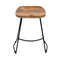 Tiva 24 Inch Handcrafted Backless Counter Height Stool, Brown Mango Wood Saddle Seat, Black Metal Base - UPT-294096