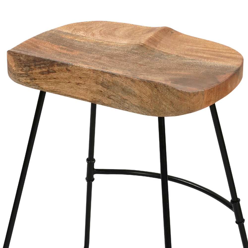 Tiva 24 Inch Handcrafted Backless Counter Height Stool, Brown Mango Wood Saddle Seat, Black Metal Base - UPT-294096