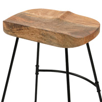 Tiva 24 Inch Handcrafted Backless Counter Height Stool, Brown Mango Wood Saddle Seat, Black Metal Base - UPT-294096