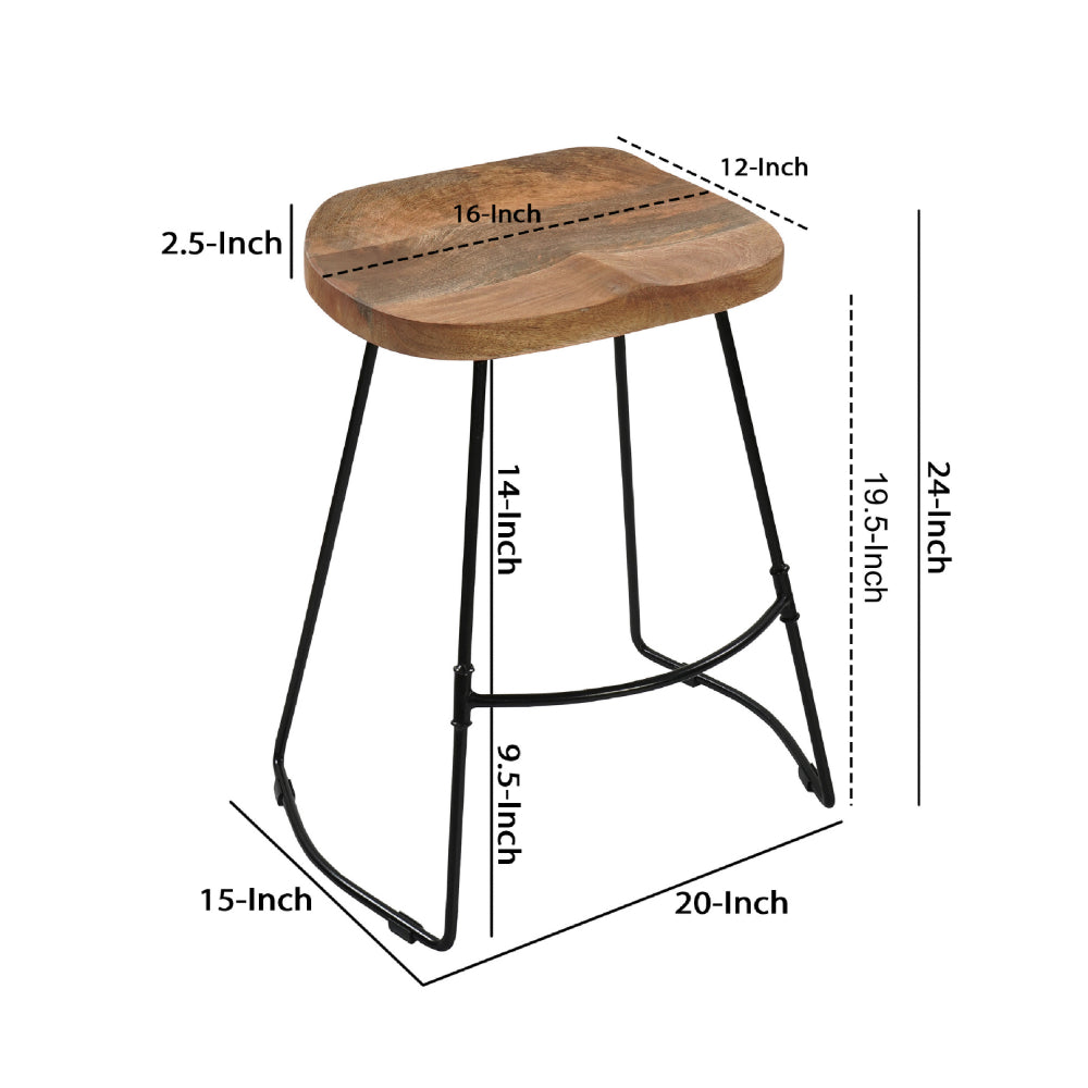 Tiva 24 Inch Handcrafted Backless Counter Height Stool, Brown Mango Wood Saddle Seat, Black Metal Base - UPT-294096