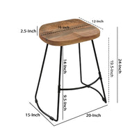 Tiva 24 Inch Handcrafted Backless Counter Height Stool, Brown Mango Wood Saddle Seat, Black Metal Base - UPT-294096