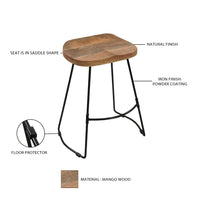 Tiva 24 Inch Handcrafted Backless Counter Height Stool, Brown Mango Wood Saddle Seat, Black Metal Base - UPT-294096