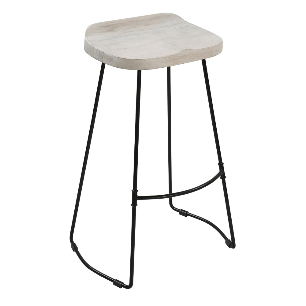 Tiva 30 Inch Handcrafted Backless Barstool, Whitewashed Mango Wood Saddle Seat, Black Metal Base - UPT-294097