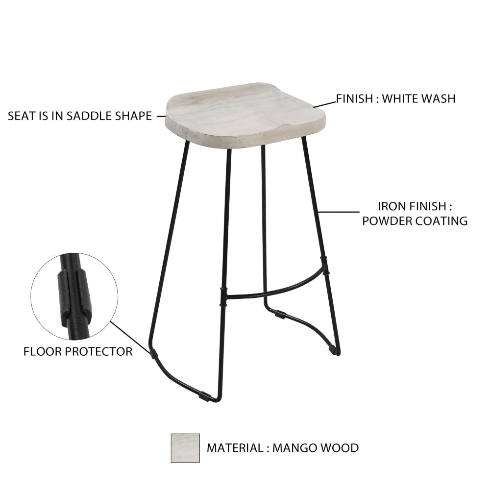 Tiva 30 Inch Handcrafted Backless Barstool, Whitewashed Mango Wood Saddle Seat, Black Metal Base - UPT-294097