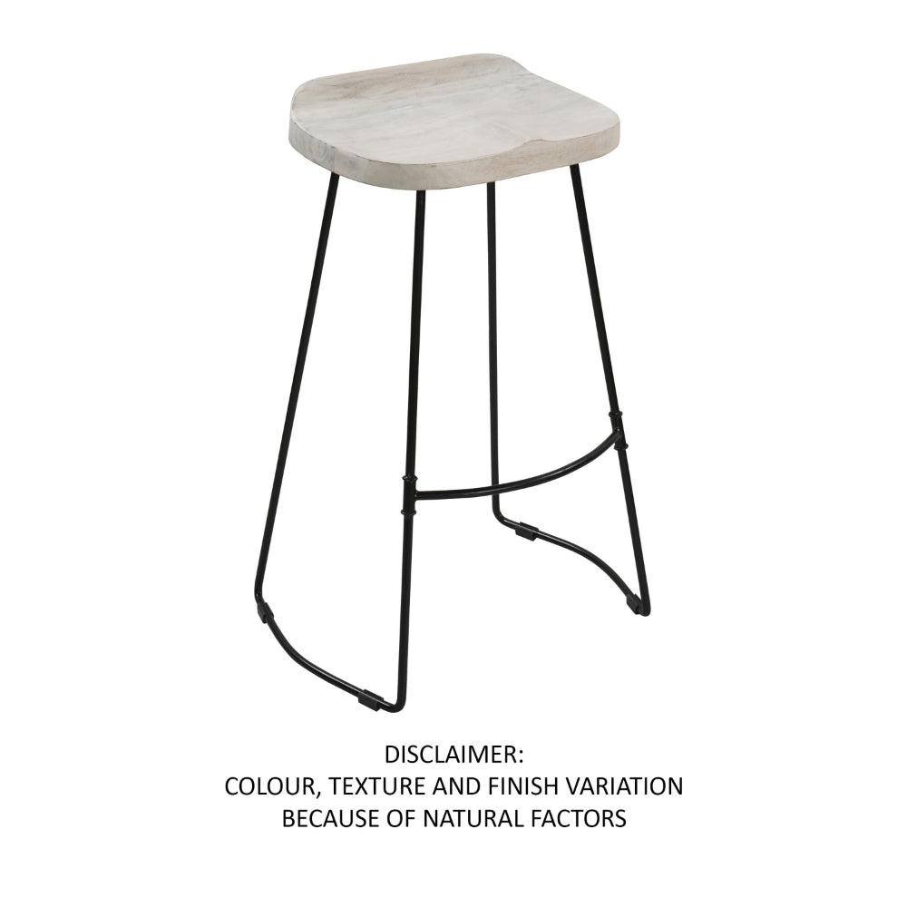 Tiva 30 Inch Handcrafted Backless Barstool, Whitewashed Mango Wood Saddle Seat, Black Metal Base - UPT-294097