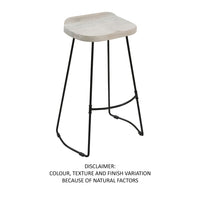 Tiva 30 Inch Handcrafted Backless Barstool, Whitewashed Mango Wood Saddle Seat, Black Metal Base - UPT-294097