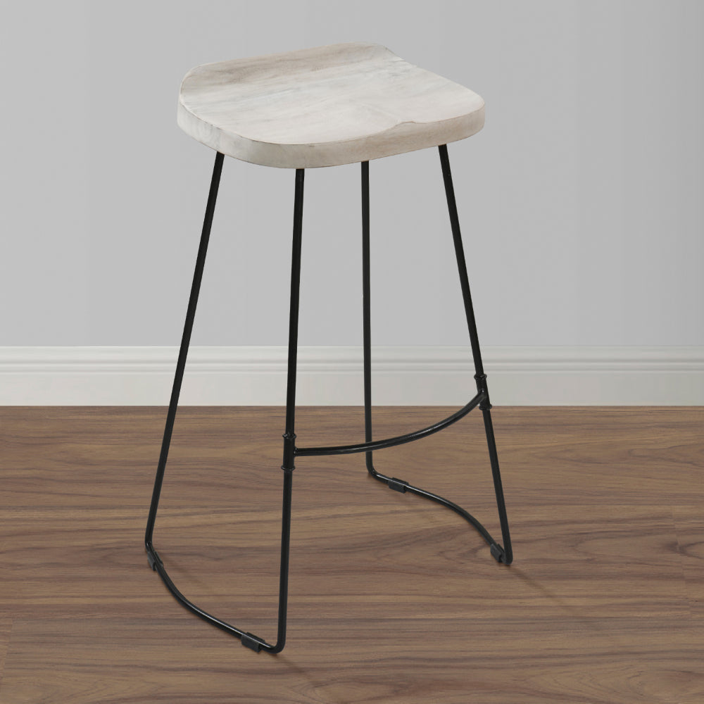 Tiva 30 Inch Handcrafted Backless Barstool, Whitewashed Mango Wood Saddle Seat, Black Metal Base - UPT-294097