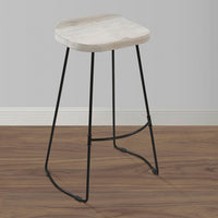 Tiva 30 Inch Handcrafted Backless Barstool, Whitewashed Mango Wood Saddle Seat, Black Metal Base - UPT-294097