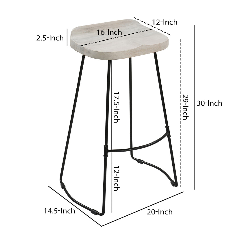 Tiva 30 Inch Handcrafted Backless Barstool, Whitewashed Mango Wood Saddle Seat, Black Metal Base - UPT-294097