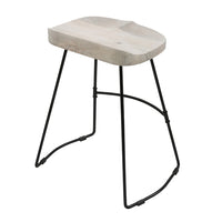 Tiva 24 Inch Handcrafted Backless Counter Height Stool, Whitewashed Mango Wood Saddle Seat, Black Metal Base - UPT-294098