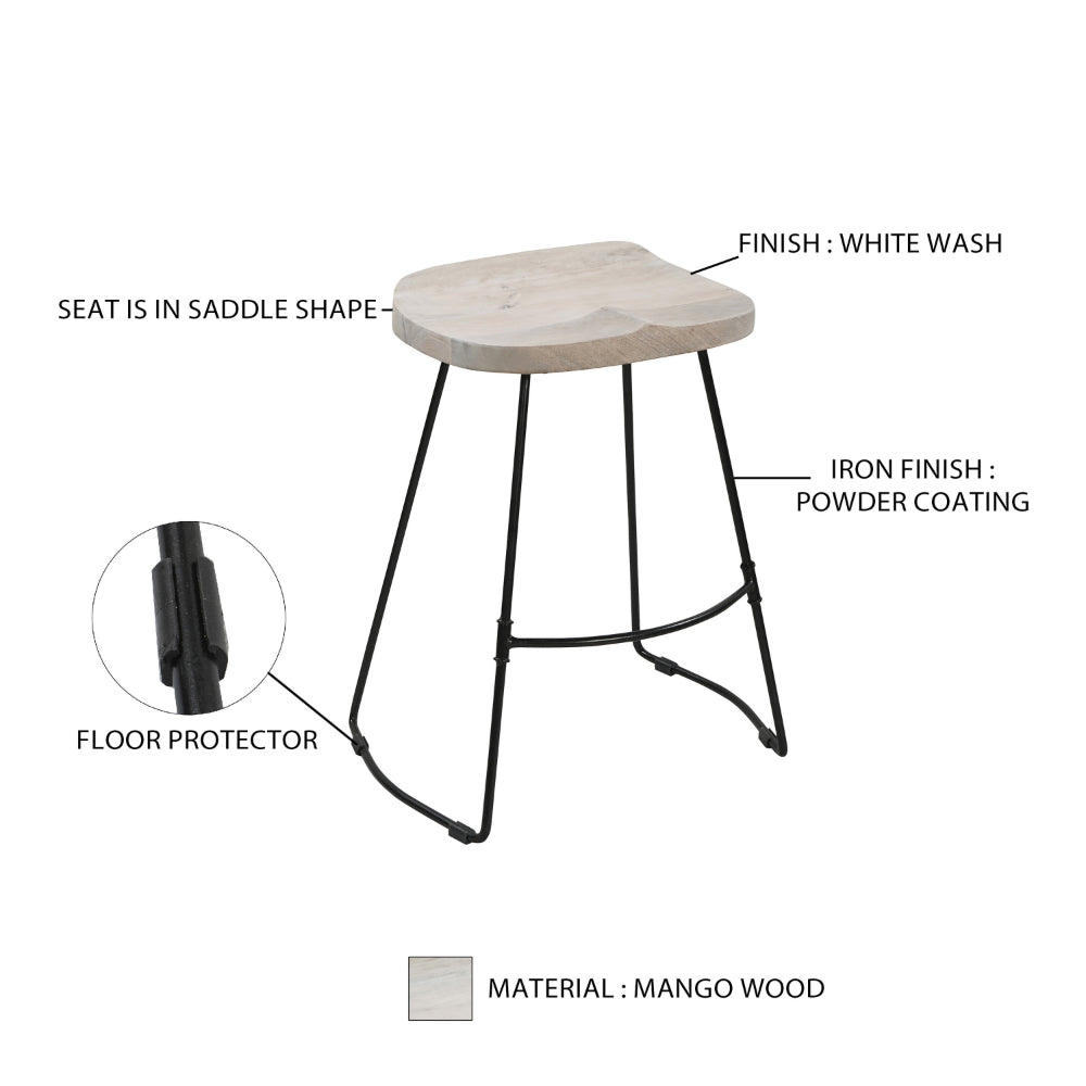 Tiva 24 Inch Handcrafted Backless Counter Height Stool, Whitewashed Mango Wood Saddle Seat, Black Metal Base - UPT-294098