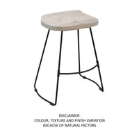 Tiva 24 Inch Handcrafted Backless Counter Height Stool, Whitewashed Mango Wood Saddle Seat, Black Metal Base - UPT-294098