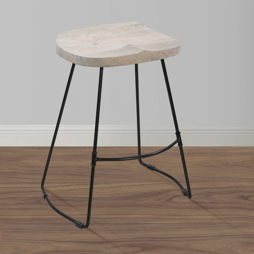 Tiva 24 Inch Handcrafted Backless Counter Height Stool, Whitewashed Mango Wood Saddle Seat, Black Metal Base - UPT-294098