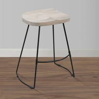 Tiva 24 Inch Handcrafted Backless Counter Height Stool, Whitewashed Mango Wood Saddle Seat, Black Metal Base - UPT-294098