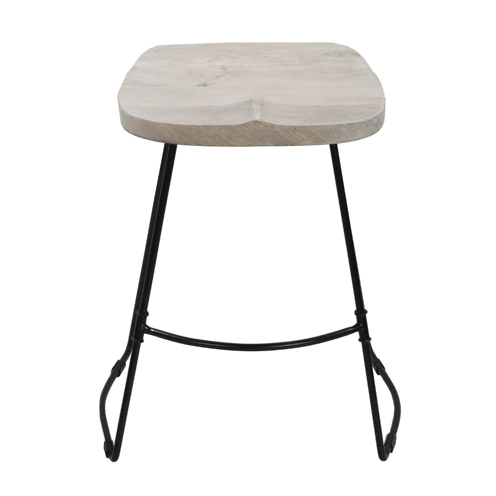 Tiva 24 Inch Handcrafted Backless Counter Height Stool, Whitewashed Mango Wood Saddle Seat, Black Metal Base - UPT-294098