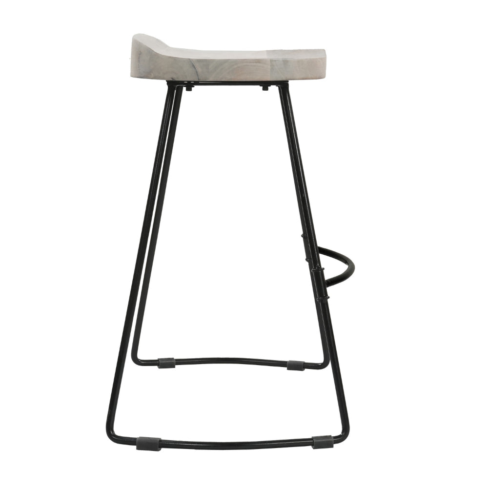 Tiva 24 Inch Handcrafted Backless Counter Height Stool, Whitewashed Mango Wood Saddle Seat, Black Metal Base - UPT-294098