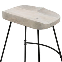 Tiva 24 Inch Handcrafted Backless Counter Height Stool, Whitewashed Mango Wood Saddle Seat, Black Metal Base - UPT-294098