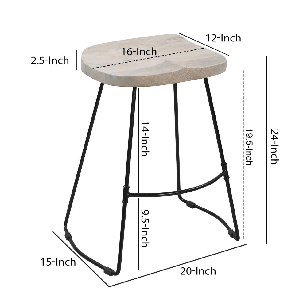 Tiva 24 Inch Handcrafted Backless Counter Height Stool, Whitewashed Mango Wood Saddle Seat, Black Metal Base - UPT-294098