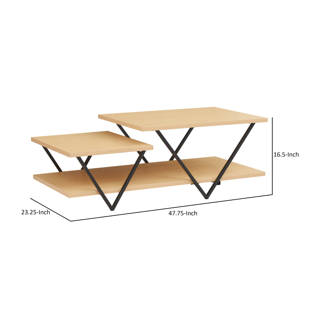 48 Inch 2 Tier Top Coffee Table with Bottom Shelf, V Shape Black Metal Legs, Light Maple Wood - UPT-294327