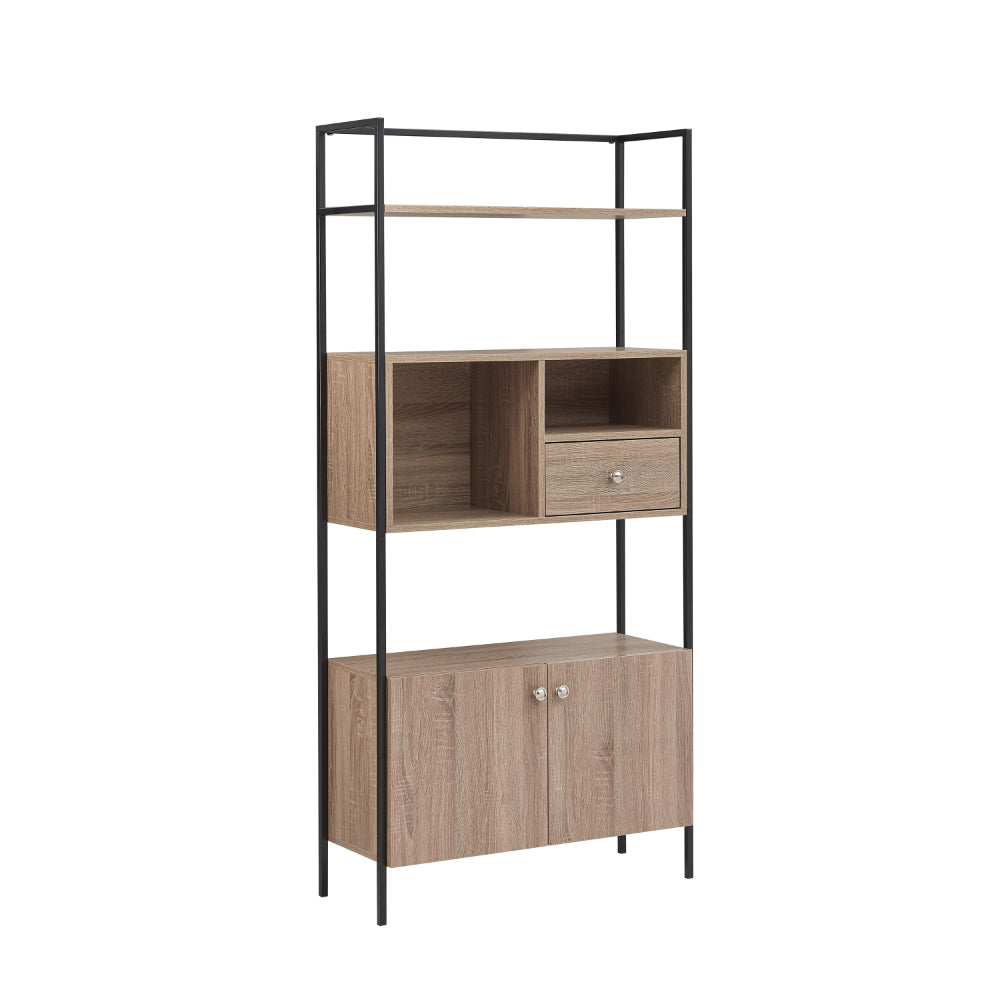 66 Inch 3 Tier Etagere Bookcase with Open Compartment, Cabinet, Black Metal Frame, Light Natural Brown - UPT-294328