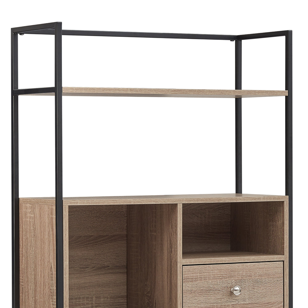66 Inch 3 Tier Etagere Bookcase with Open Compartment, Cabinet, Black Metal Frame, Light Natural Brown - UPT-294328