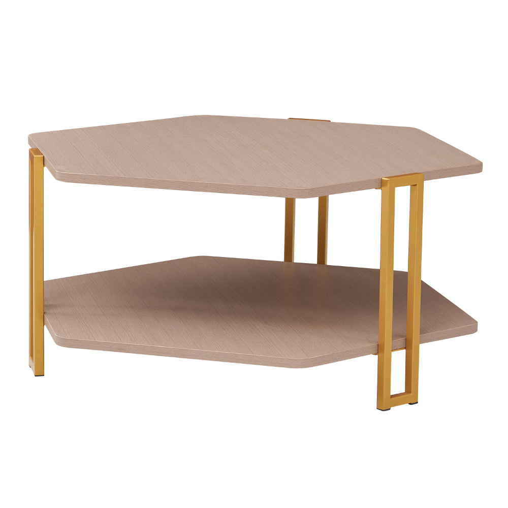 36 Inch Hexagonal Modern Coffee Table, Wood Top and Shelf, Gold Metal Legs - UPT-294329