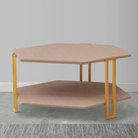 36 Inch Hexagonal Modern Coffee Table, Wood Top and Shelf, Gold Metal Legs - UPT-294329