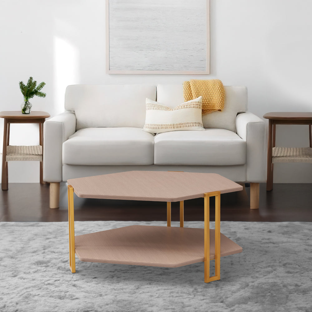 The Urban Port 36 Inch Hexagonal Modern Coffee Table, Wood Top and 