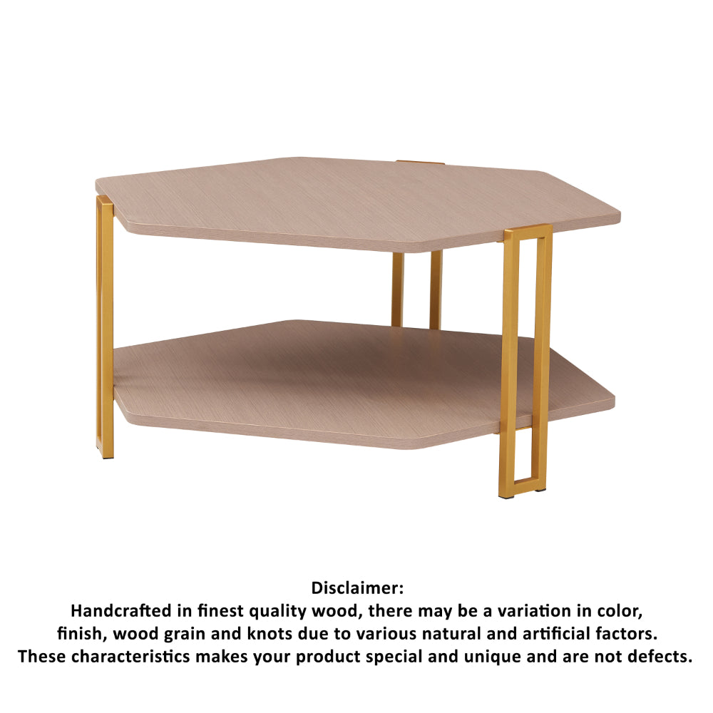 36 Inch Hexagonal Modern Coffee Table, Wood Top and Shelf, Gold Metal Legs - UPT-294329