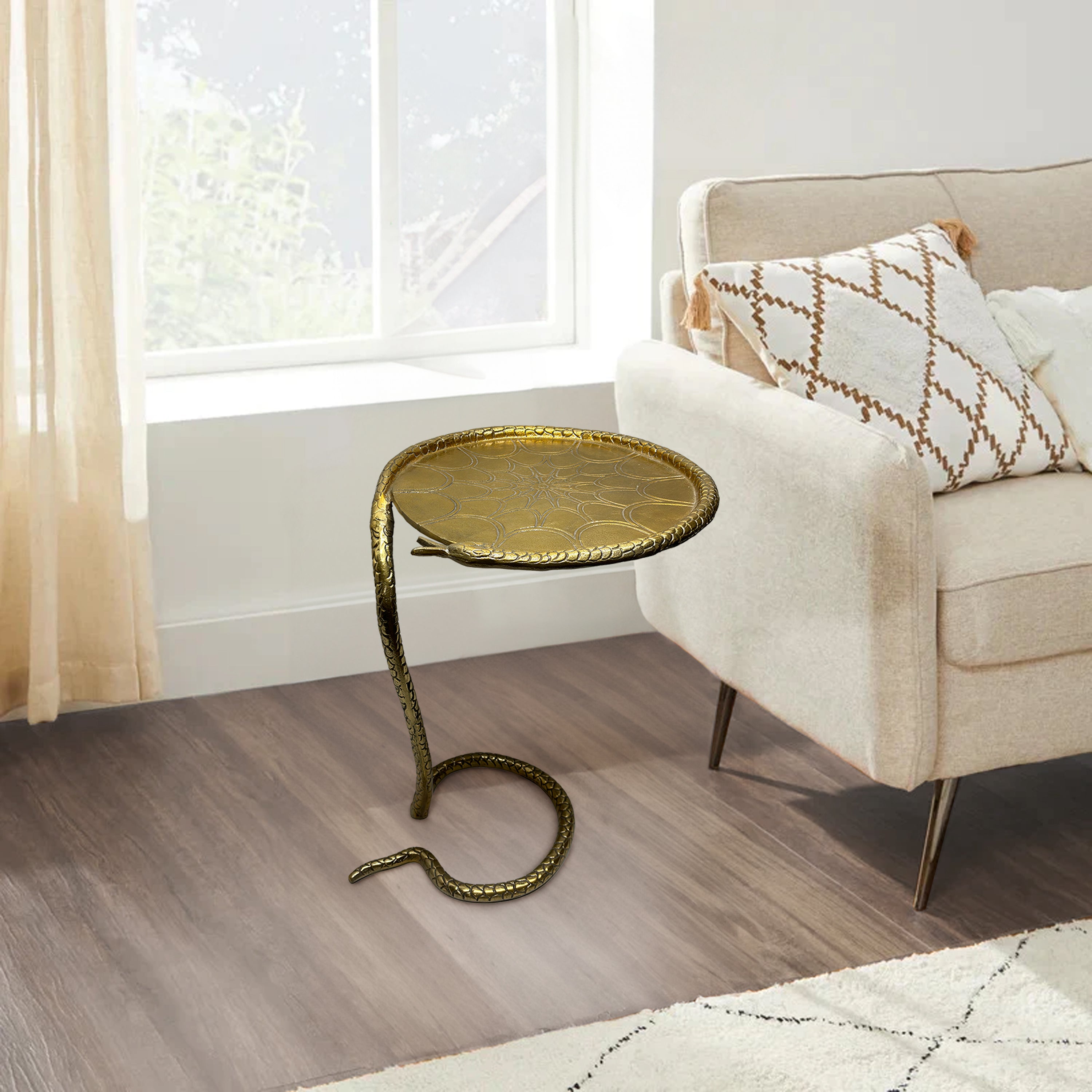 22 Inch Side End Table, Handcrafted Textured Snake Skin Pattern Base, Brass  Aluminum - UPT-295598