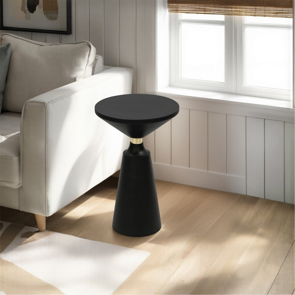 Fawn 20 Inch Side End Table, Black Mango Wood Round Top with Pedestal Base, Shiny Brass Support - UPT-295602