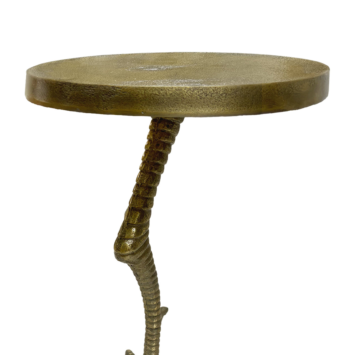 19 Inch Side End Table, Antique Brass Aluminum Cast, Round Top with Handcrafted Textured Crane Leg Stem - UPT-295603