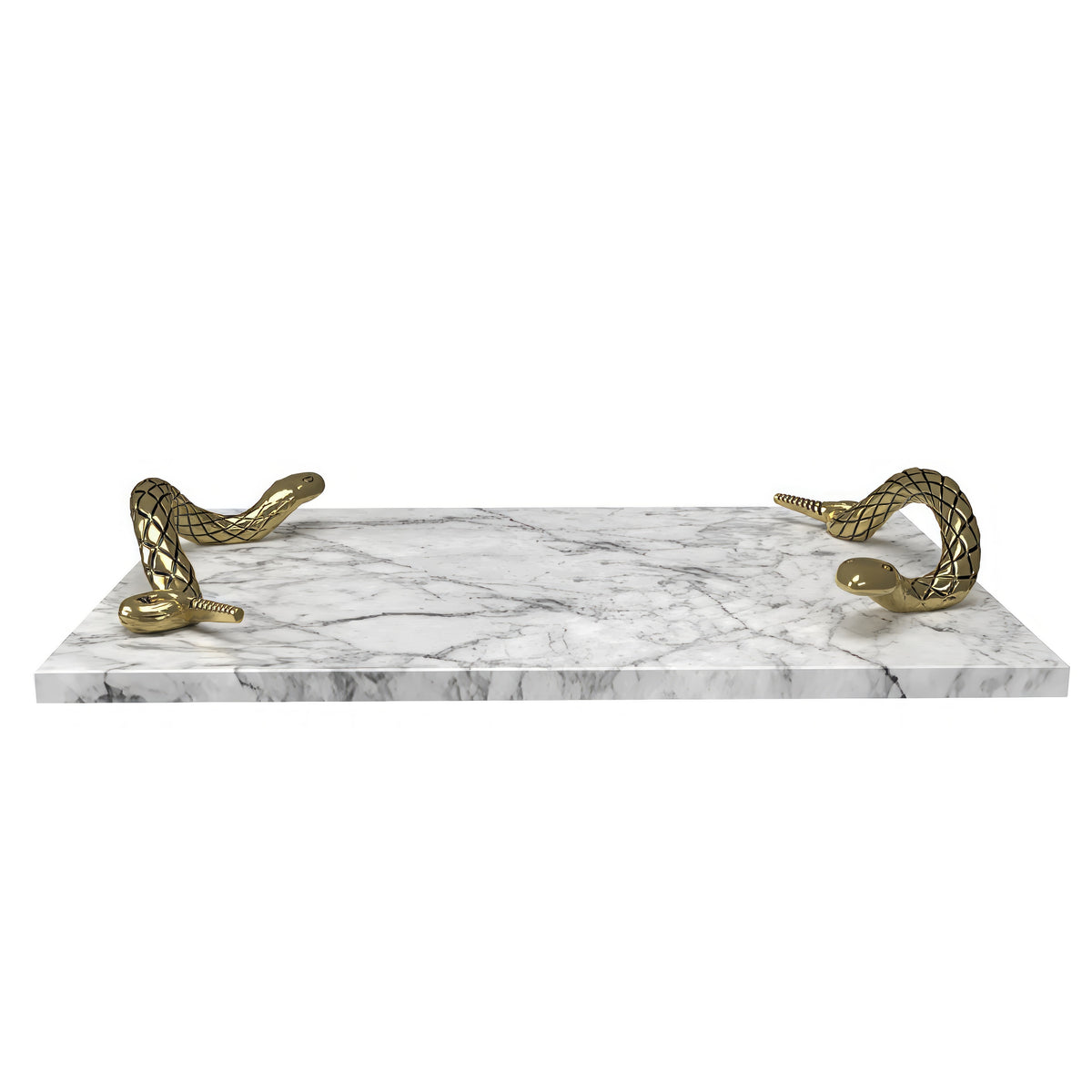 14 Inch Decorative Serving Tray, White Marble Stone with Brass Finished Snake Handles - UPT-295604