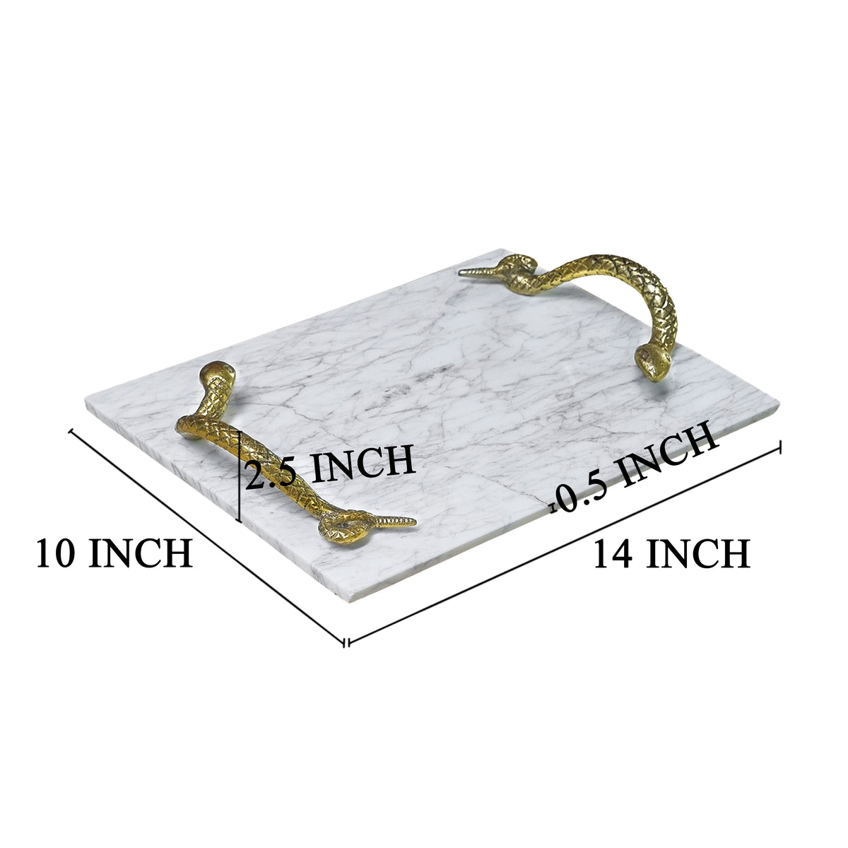 14 Inch Decorative Serving Tray, White Marble Stone with Brass Finished Snake Handles - UPT-295604