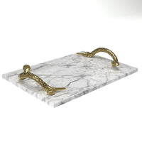14 Inch Decorative Serving Tray, White Marble Stone with Brass Finished Snake Handles - UPT-295604