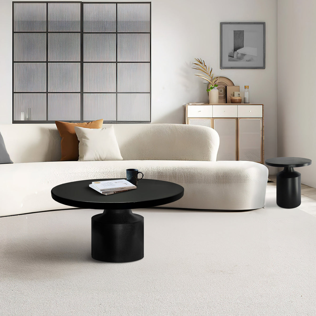 Zoe 30 Inch Round Coffee Table with Pedestal Base, Sleek Modern Silhouette, Matte Black Powder Coated Metal- UPT-295605