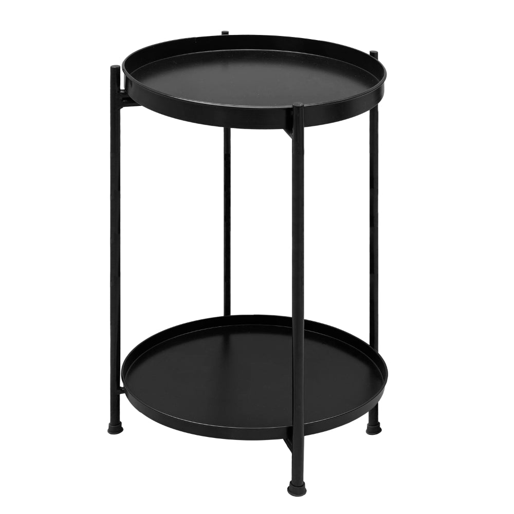 Vica 15 Inch Modern Side End Table, Metal Round Tray Top, Foldable Legs, Black- UPT-295808