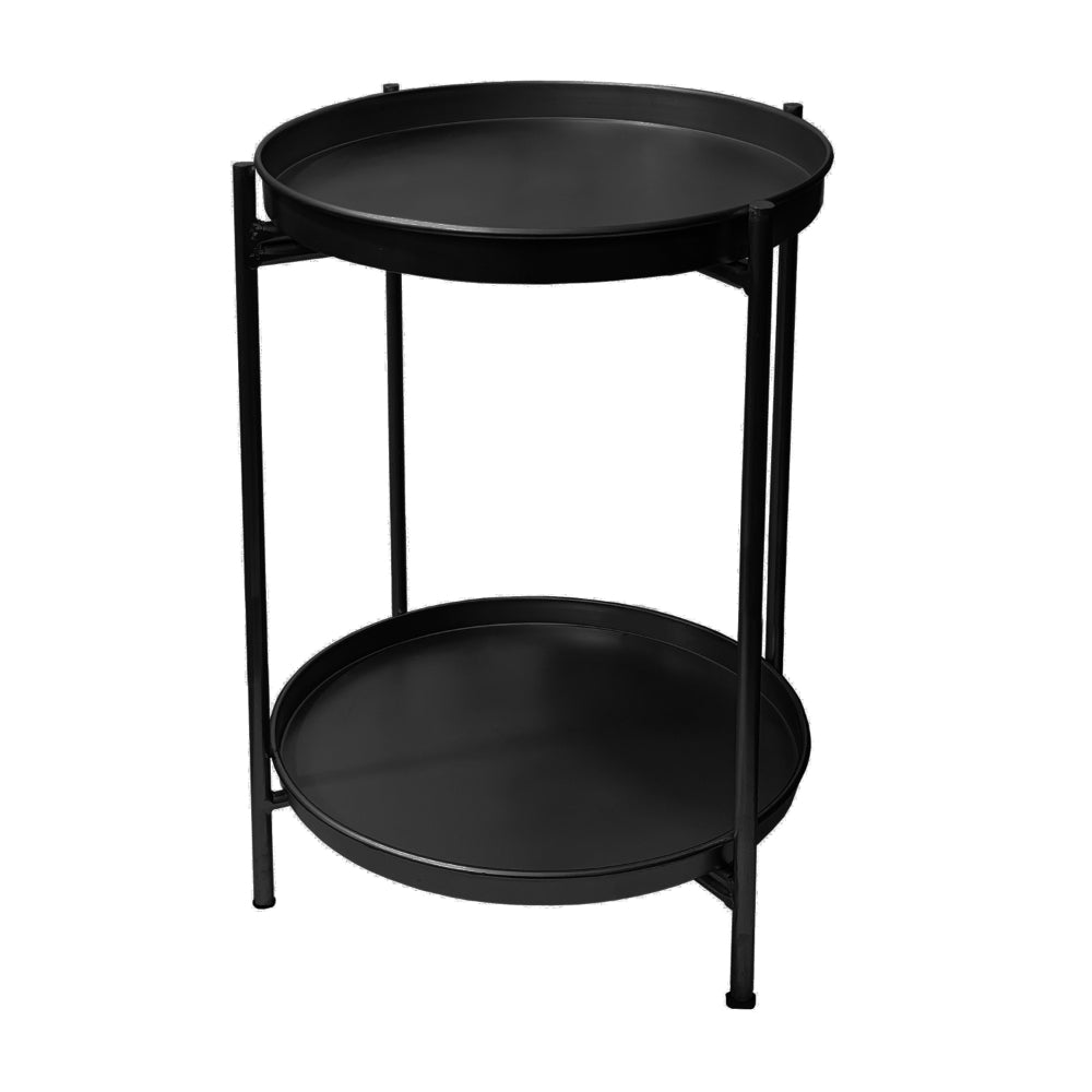 Vica 15 Inch Modern Side End Table, Metal Round Tray Top, Foldable Legs, Black- UPT-295808