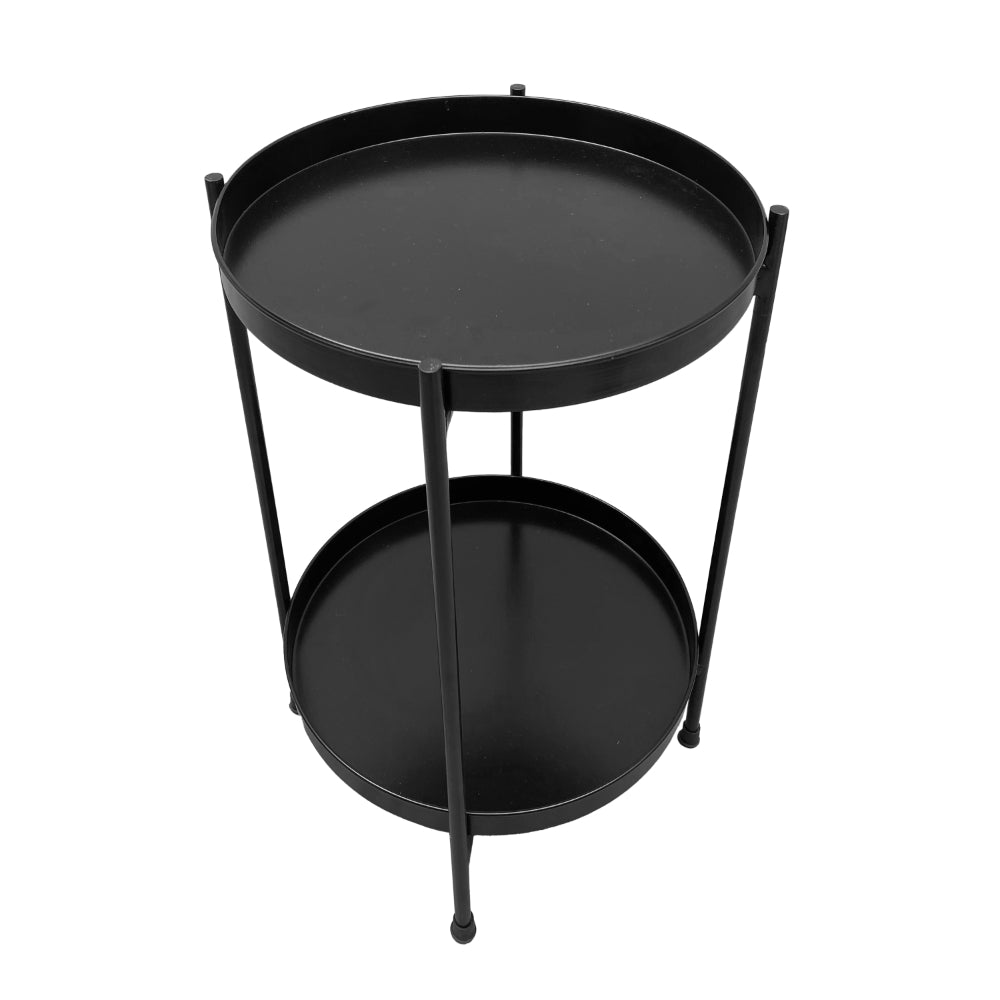 Vica 15 Inch Modern Side End Table, Metal Round Tray Top, Foldable Legs, Black- UPT-295808