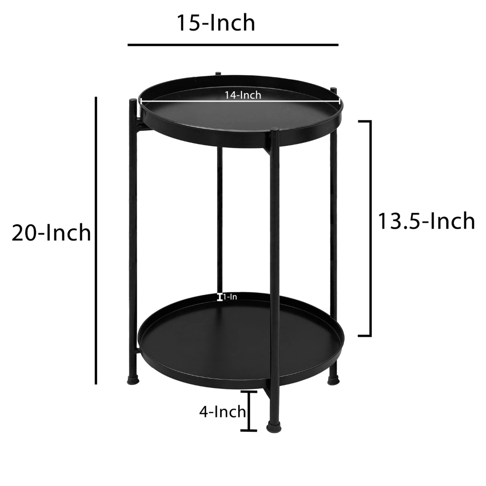 Vica 15 Inch Modern Side End Table, Metal Round Tray Top, Foldable Legs, Black- UPT-295808