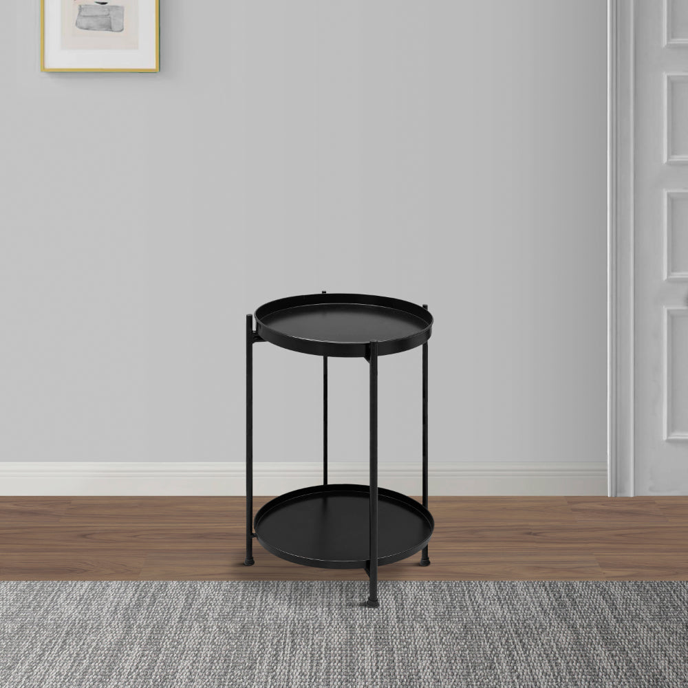 Vica 15 Inch Modern Side End Table, Metal Round Tray Top, Foldable Legs, Black- UPT-295808