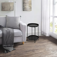 Vica 15 Inch Modern Side End Table, Metal Round Tray Top, Foldable Legs, Black- UPT-295808