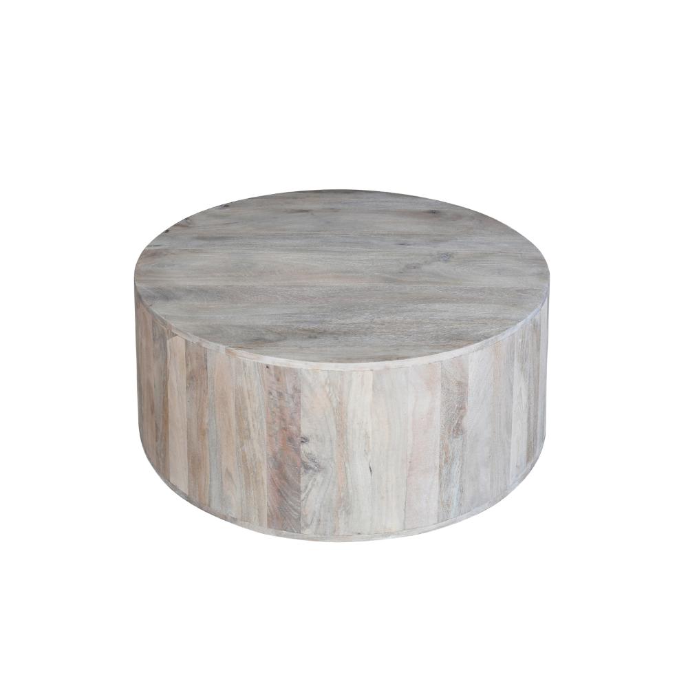 36 Inch Coffee Table, Handcrafted Drum Shape, Sandblasted Washed White Mango Wood - UPT-296150