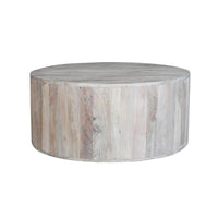 36 Inch Coffee Table, Handcrafted Drum Shape, Sandblasted Washed White Mango Wood - UPT-296150