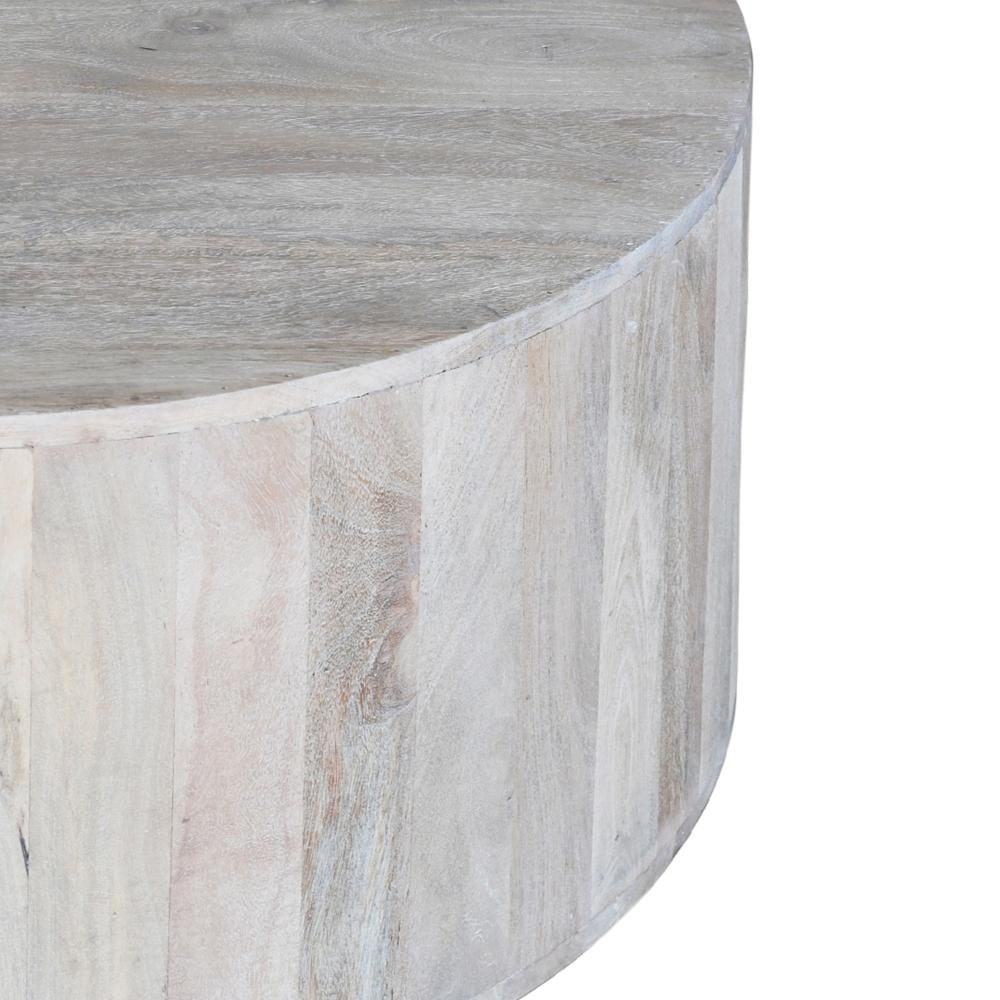 36 Inch Coffee Table, Handcrafted Drum Shape, Sandblasted Washed White Mango Wood - UPT-296150