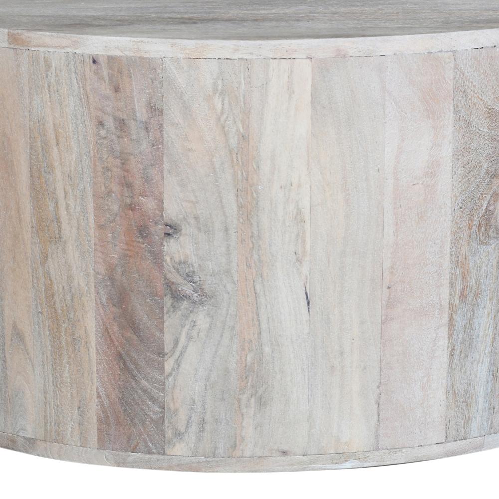 36 Inch Coffee Table, Handcrafted Drum Shape, Sandblasted Washed White Mango Wood - UPT-296150