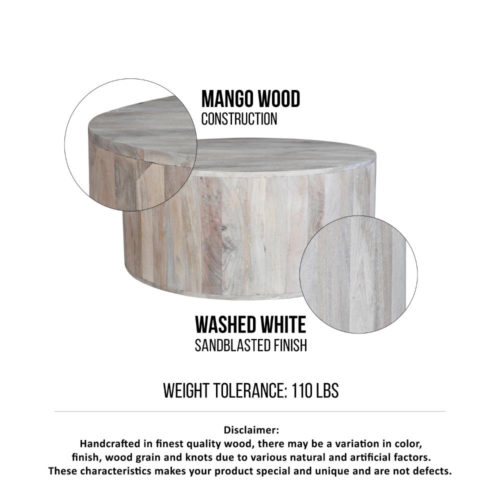 36 Inch Coffee Table, Handcrafted Drum Shape, Sandblasted Washed White Mango Wood - UPT-296150