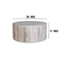 36 Inch Coffee Table, Handcrafted Drum Shape, Sandblasted Washed White Mango Wood - UPT-296150