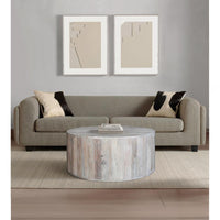 36 Inch Coffee Table, Handcrafted Drum Shape, Sandblasted Washed White Mango Wood - UPT-296150